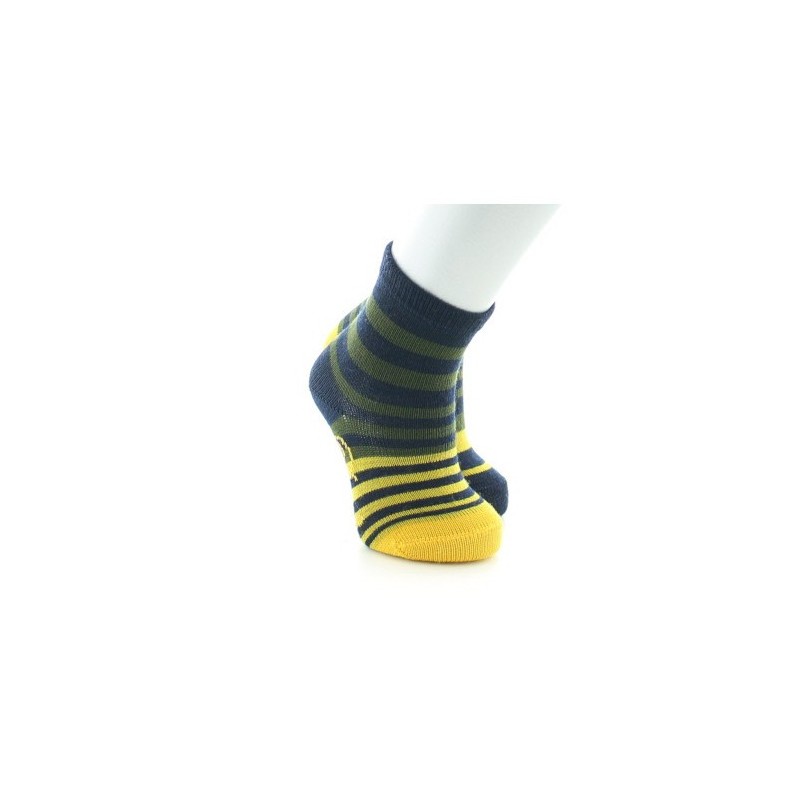 Berthe Aux Grands Pieds Chaussettes enfant Laine peignée Rayures Asymétriques - Bleu marine, kaki et jaune