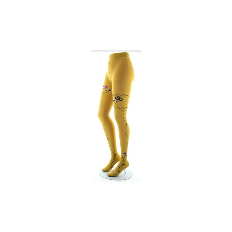 Berthe Aux Grands Pieds Collants ocre semi-opaque à fleurs roses et beige