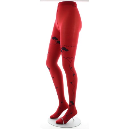 Berthe Aux Grands Pieds Collants rouge semi-opaque à fleurs noires et marine