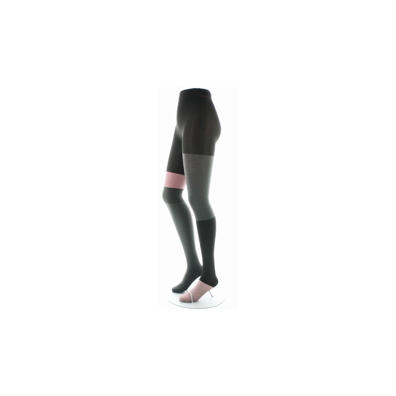 Berthe Aux Grands Pieds Collants Asymétriques Gris et Noir à Rayures Rose Pâle et Pois Marron