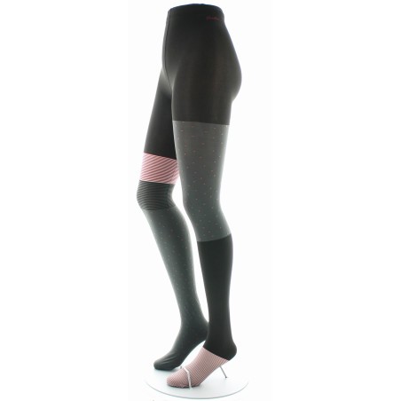 Berthe Aux Grands Pieds Collants Asymétriques Gris et Noir à Rayures Rose Pâle et Pois Marron