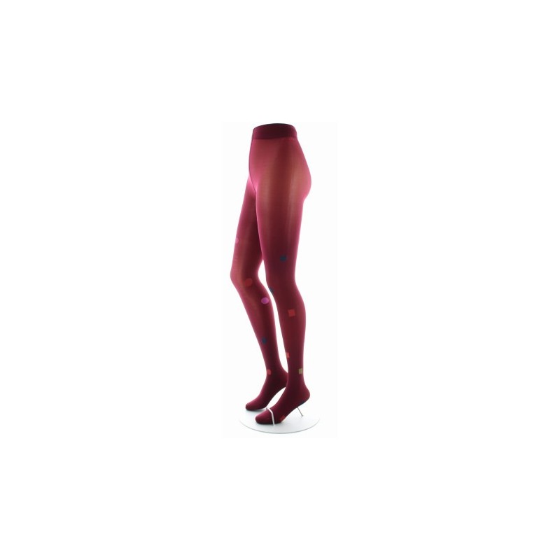 Berthe Aux Grands Pieds Collant Fantaisie Asymétrique Carrés et Ronds kaki et rouge sur fond rouge