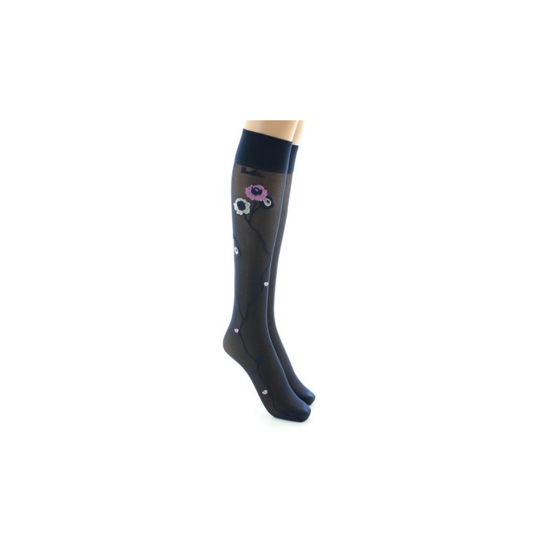 Berthe Aux Grands Pieds Mi-bas 30D marine Fleurs roses et beige