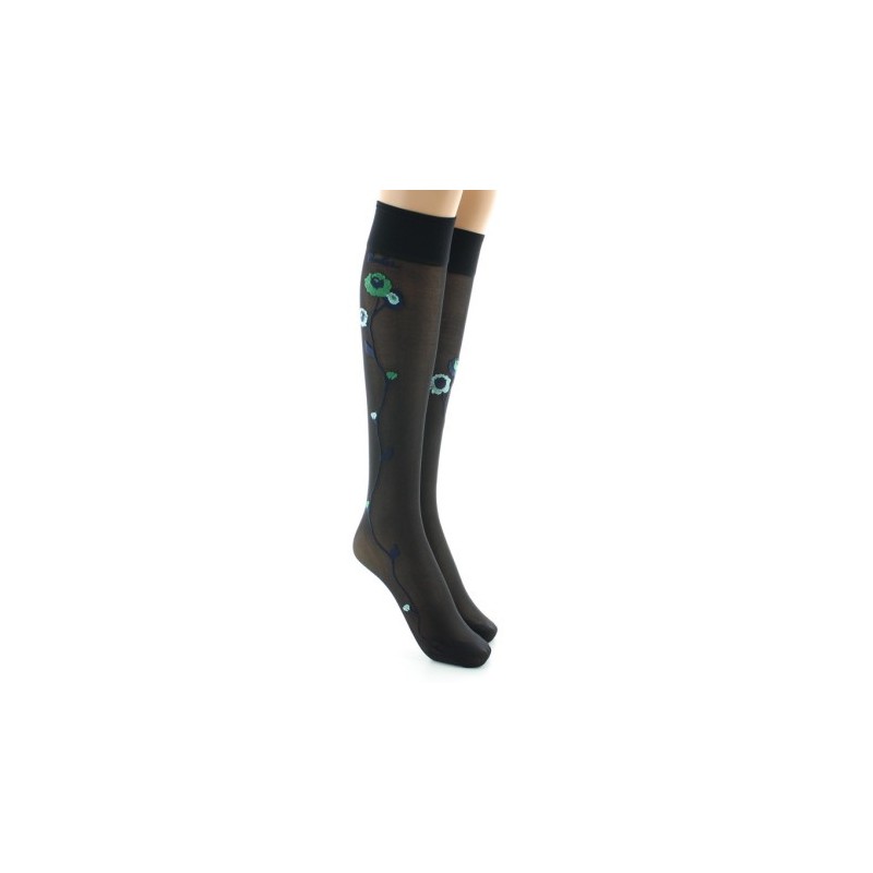 Berthe Aux Grands Pieds Mi-bas 30D noir Fleurs vertes et bleues