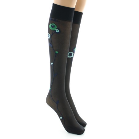 Berthe Aux Grands Pieds Mi-bas 30D noir Fleurs vertes et bleues
