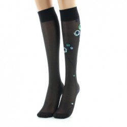 Berthe Aux Grands Pieds Mi-bas 30D noir Fleurs vertes et bleues - Image 2