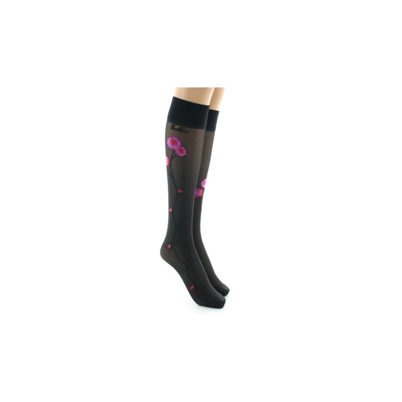 Berthe Aux Grands Pieds Mi-bas 30D noir Fleurs roses et rouges