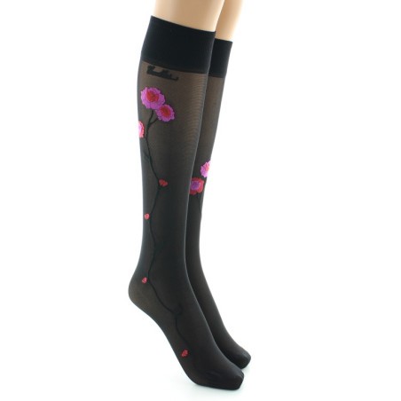 Berthe Aux Grands Pieds Mi-bas 30D noir Fleurs roses et rouges