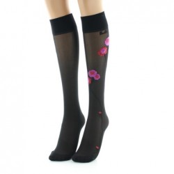 Berthe Aux Grands Pieds Mi-bas 30D noir Fleurs roses et rouges - Image 2