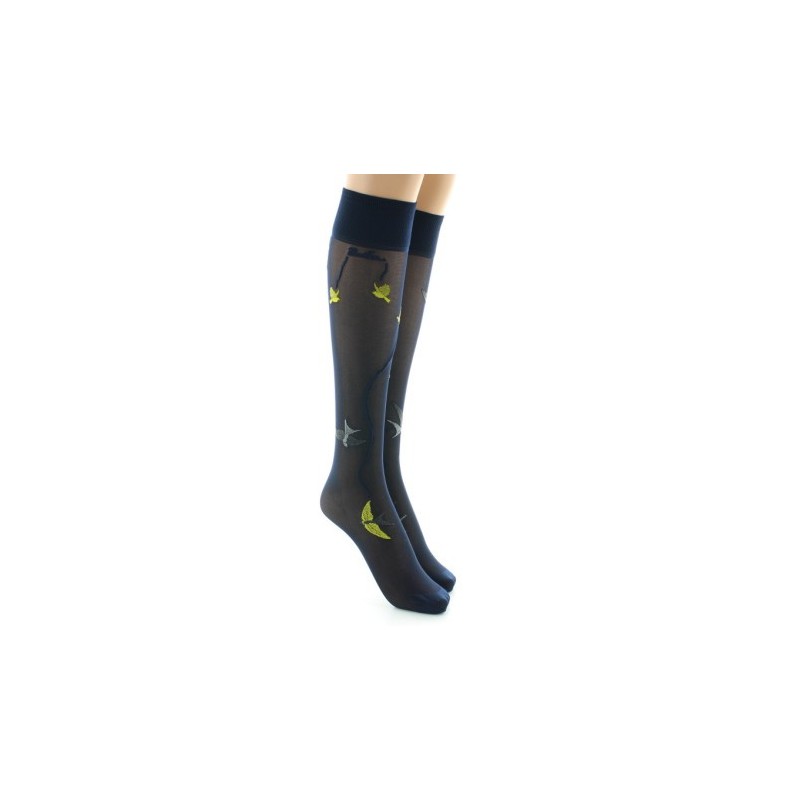 Berthe Aux Grands Pieds Mi-bas 30D marine Hirondelles jaunes