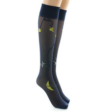 Berthe Aux Grands Pieds Mi-bas 30D marine Hirondelles jaunes