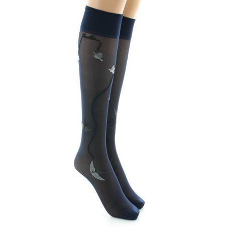 Berthe Aux Grands Pieds Mi-bas 30D marine Hirondelles grises