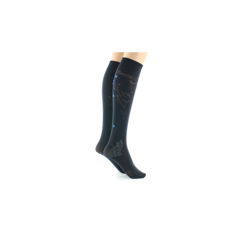 Berthe Aux Grands Pieds Mi-bas 40D Arbre noir et Oiseaux bleus