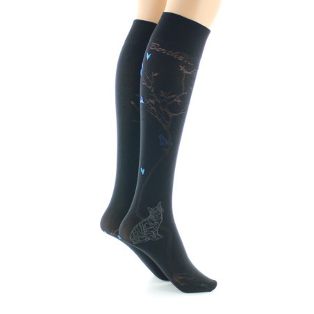 Berthe Aux Grands Pieds Mi-bas 40D Arbre noir et Oiseaux bleus