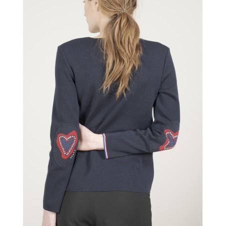 Berthe Aux Grands Pieds Pull col V femme mérinos bleu marine cœur