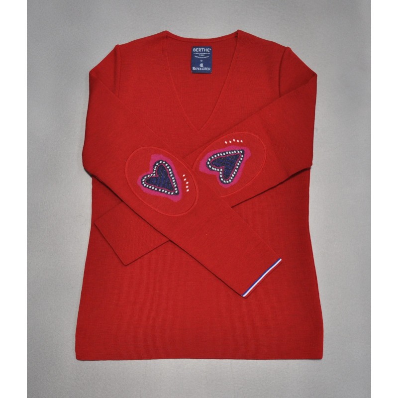 Berthe Aux Grands Pieds Pull col V femme mérinos rouge cœur