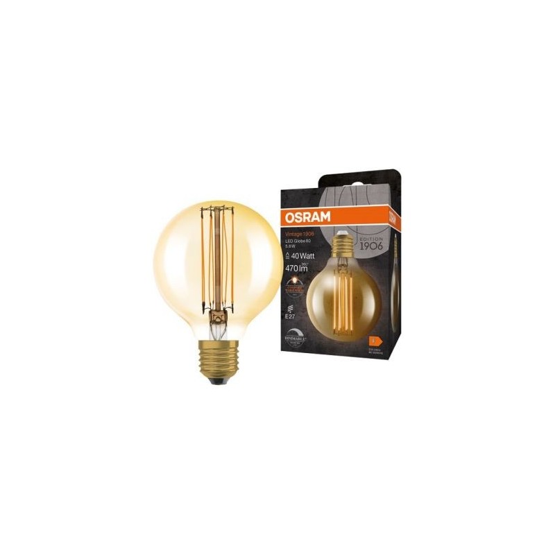 OSRAM 1906 globe 80mm clair fil d'or 5.8w e27 chaud