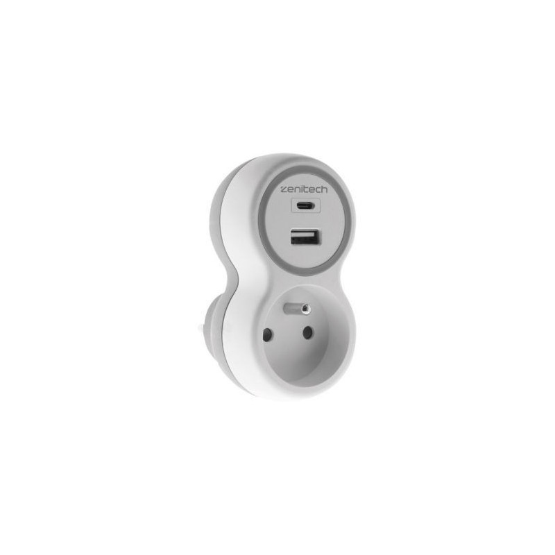 Zenitech Prise 16A + 2 chargeurs USB A et C blanc gris