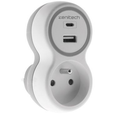Zenitech Prise 16A + 2 chargeurs USB A et C blanc gris