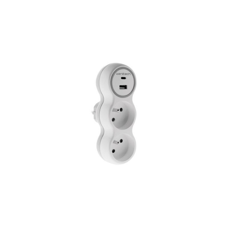 Zenitech Biplite 16A + 2 chargeurs USB A et C blanc/gris