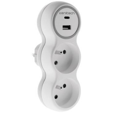 Zenitech Biplite 16A + 2 chargeurs USB A et C blanc/gris