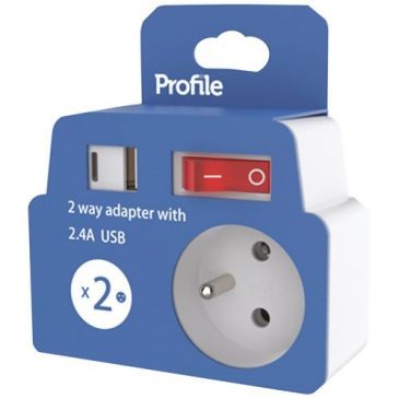 Profile Prise domino 2 x 16A USB A-C blanc + interrupteur