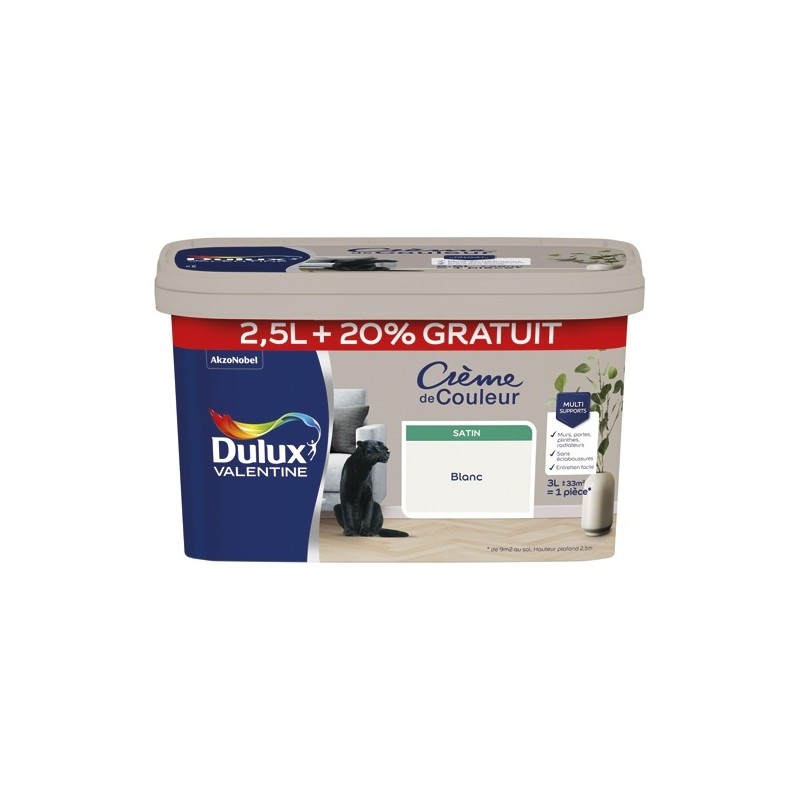 Dulux Valentine Peinture 2.5 L + 20 % Crème de Couleur Satin - Blanc