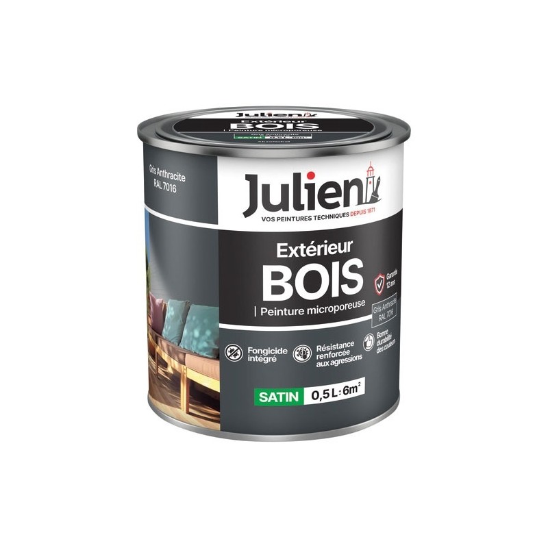 Julien Peinture microporeuse 0,5 L Extérieur Bois Satin - Gris Anthracite RAL7016