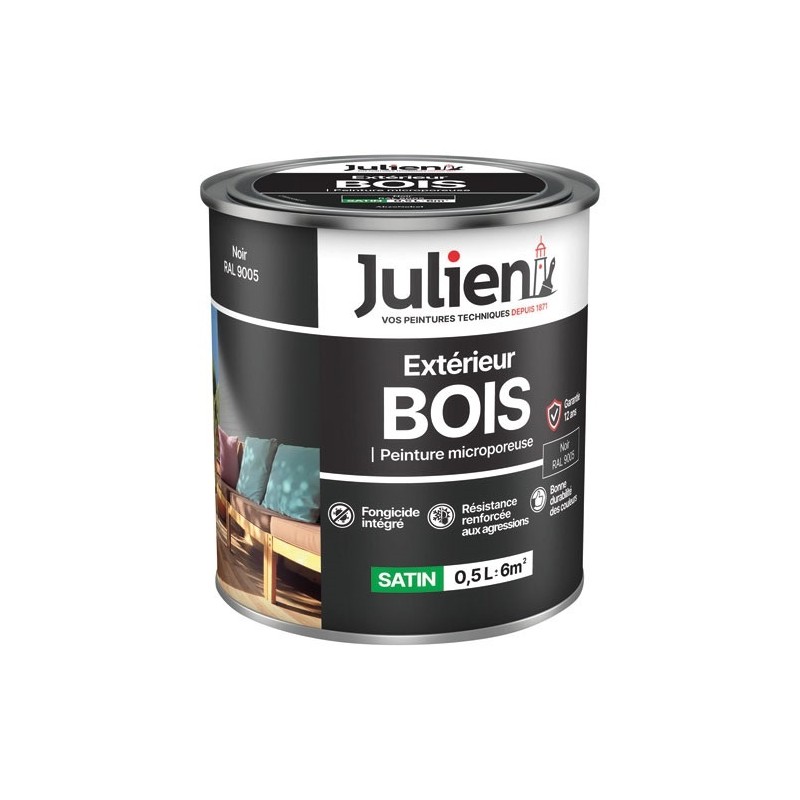Julien Peinture microporeuse 0,5 L Extérieur Bois Satin - Noir RAL9005