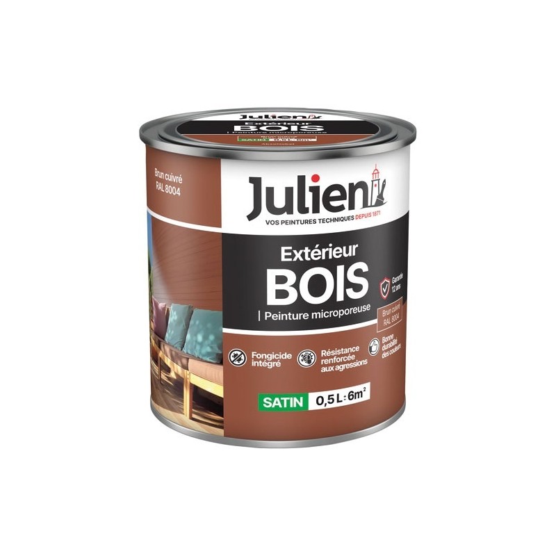 Julien Peinture microporeuse 0,5 L Extérieur Bois Satin - Brun Cuivre RAL8004