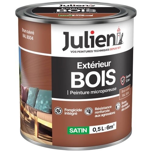 Julien Peinture microporeuse 0,5 L Extérieur Bois Satin - Brun Cuivre RAL8004