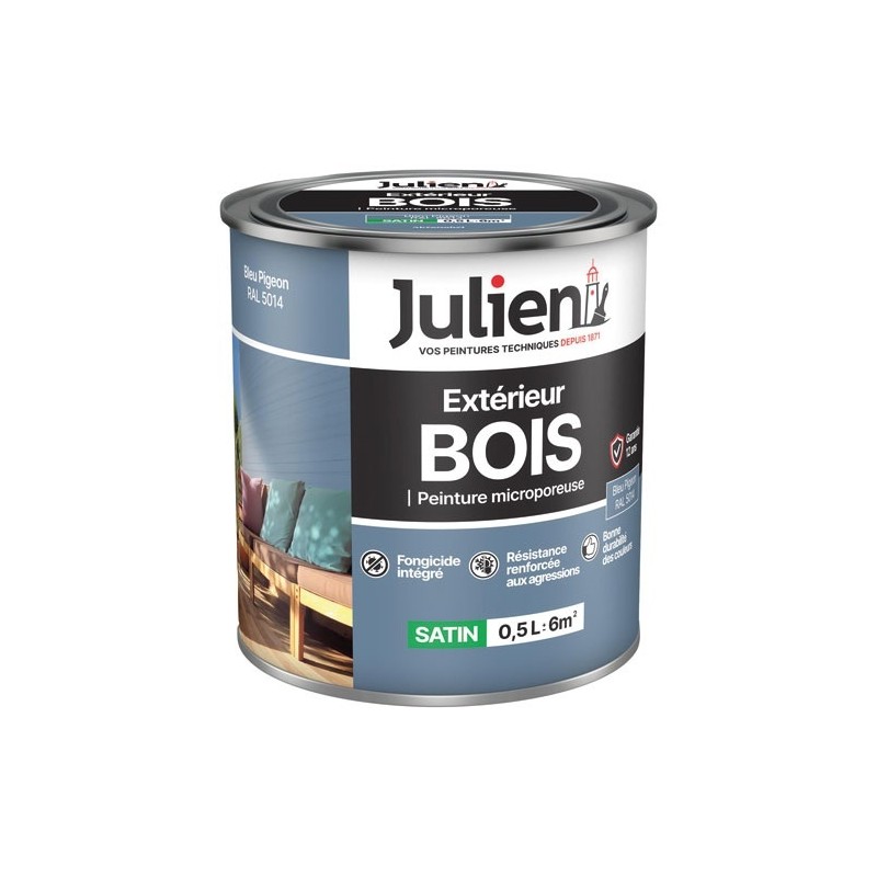 Julien Peinture microporeuse 0,5 L Extérieur Bois Satin - Bleu Pigeon¨RAL5014