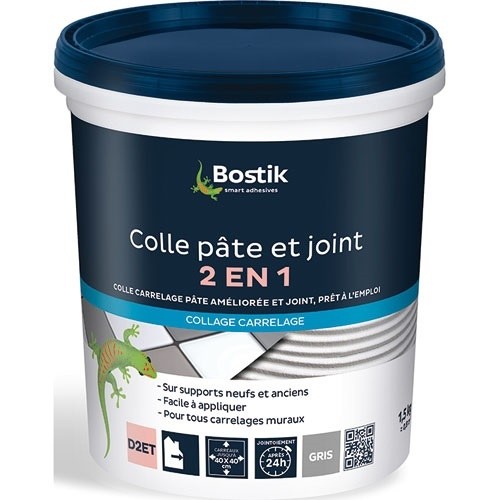 Bostik Colle et joint carrelage 2en1 - prêt à l'emploi - gris - 1,5 Kg